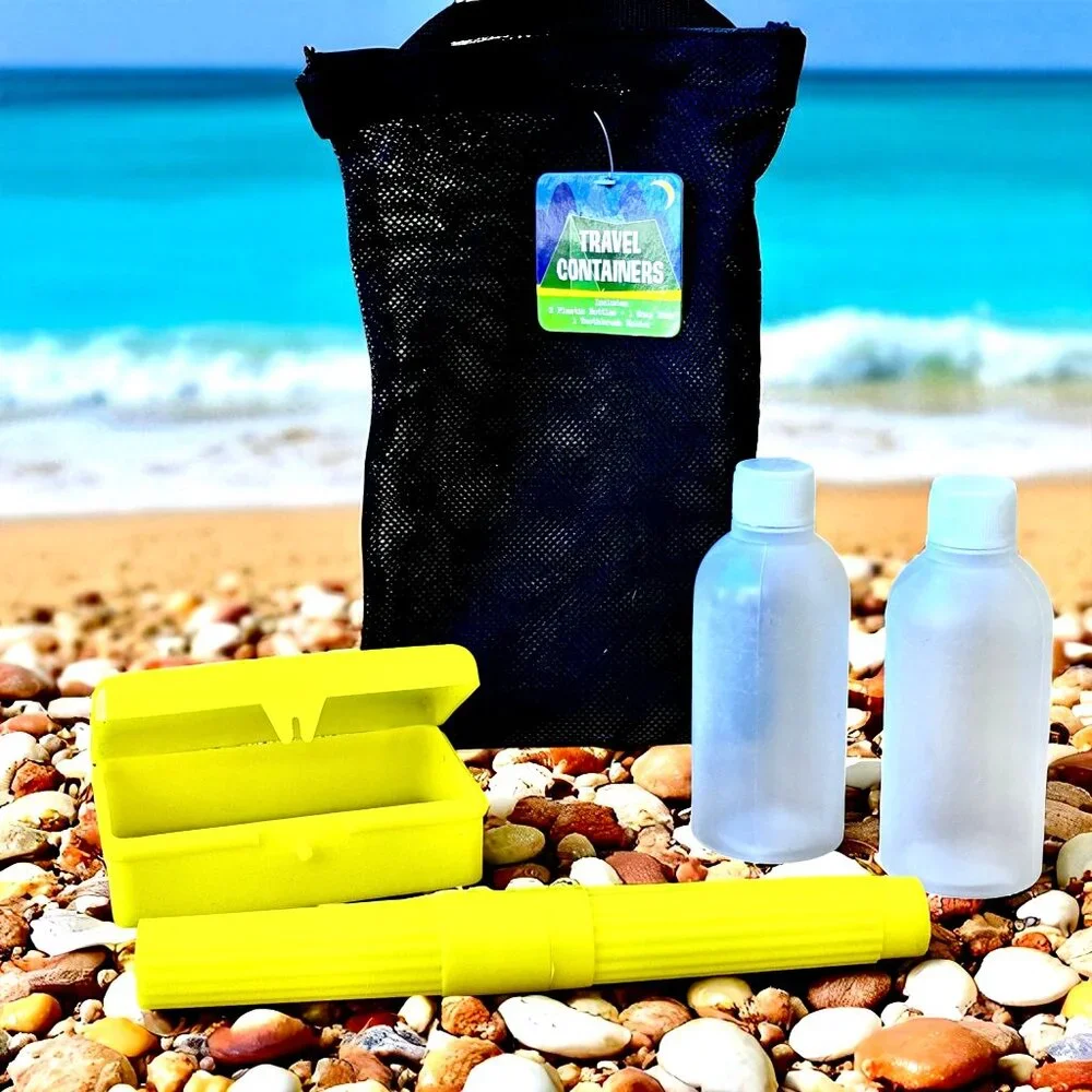 4 Piece Travel Bottles + Soap + Toothbrush Toiletry Container Set Net Bag NEW